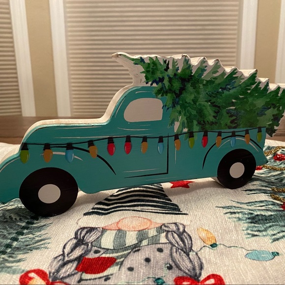 Blue Farmhouse Christmas PickUp Truck Carrying A Christmas Tree Wood Decor Sign - Picture 6 of 15